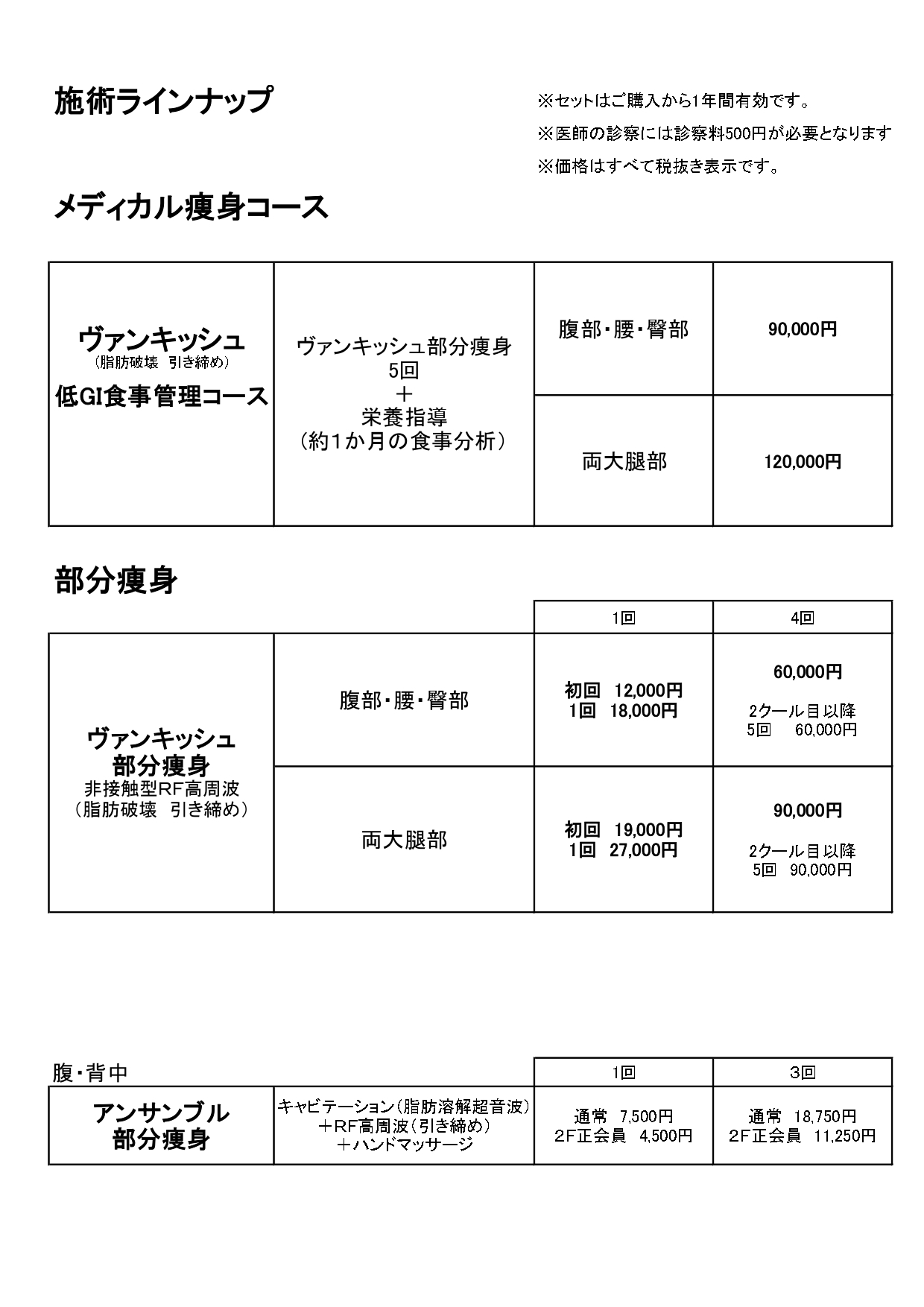 ヴァンキッシュ料金表